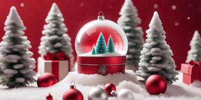 The primary subject of the image is a red ornament with a snow globe inside, featuring a Christmas tree. The ornament is placed on a surface with a red background, creating a festive and holiday atmosphere. The visual style of the image is a combination of photo and digital art, as it captures the intricate details of the ornament and the snow globe. The colors and mood of the image are predominantly red, symbolizing the holiday season and evoking feelings of warmth and joy.